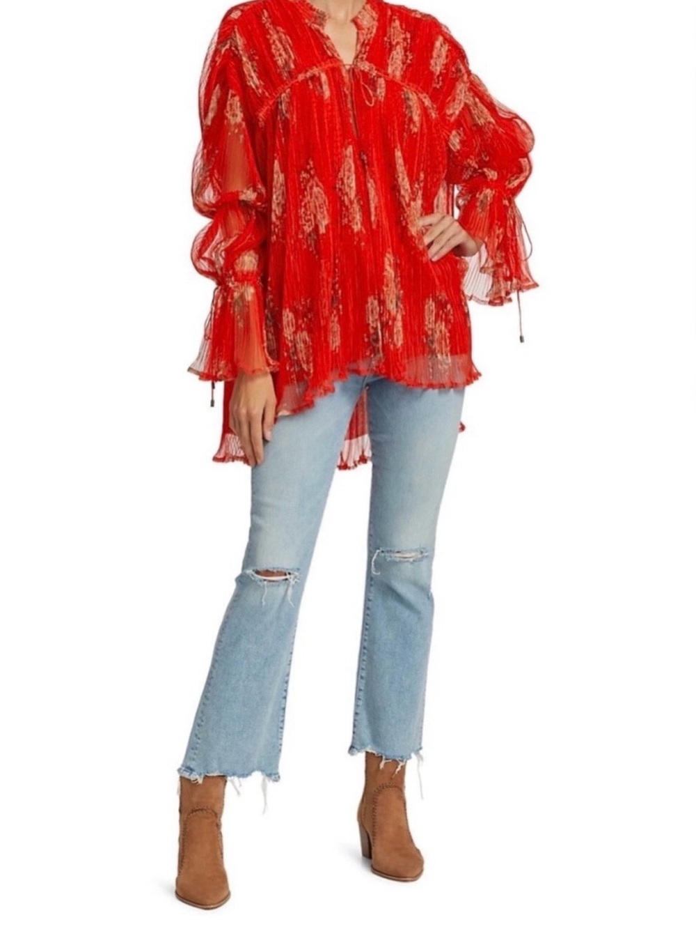 Free People Dahlia Red Sheer Printed Pleated Bell Sleeve Tunic, Large, NWOT